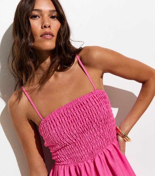 New Look Women's Bright Pink Lace Trim Shirred Mini Dress New Look - 2