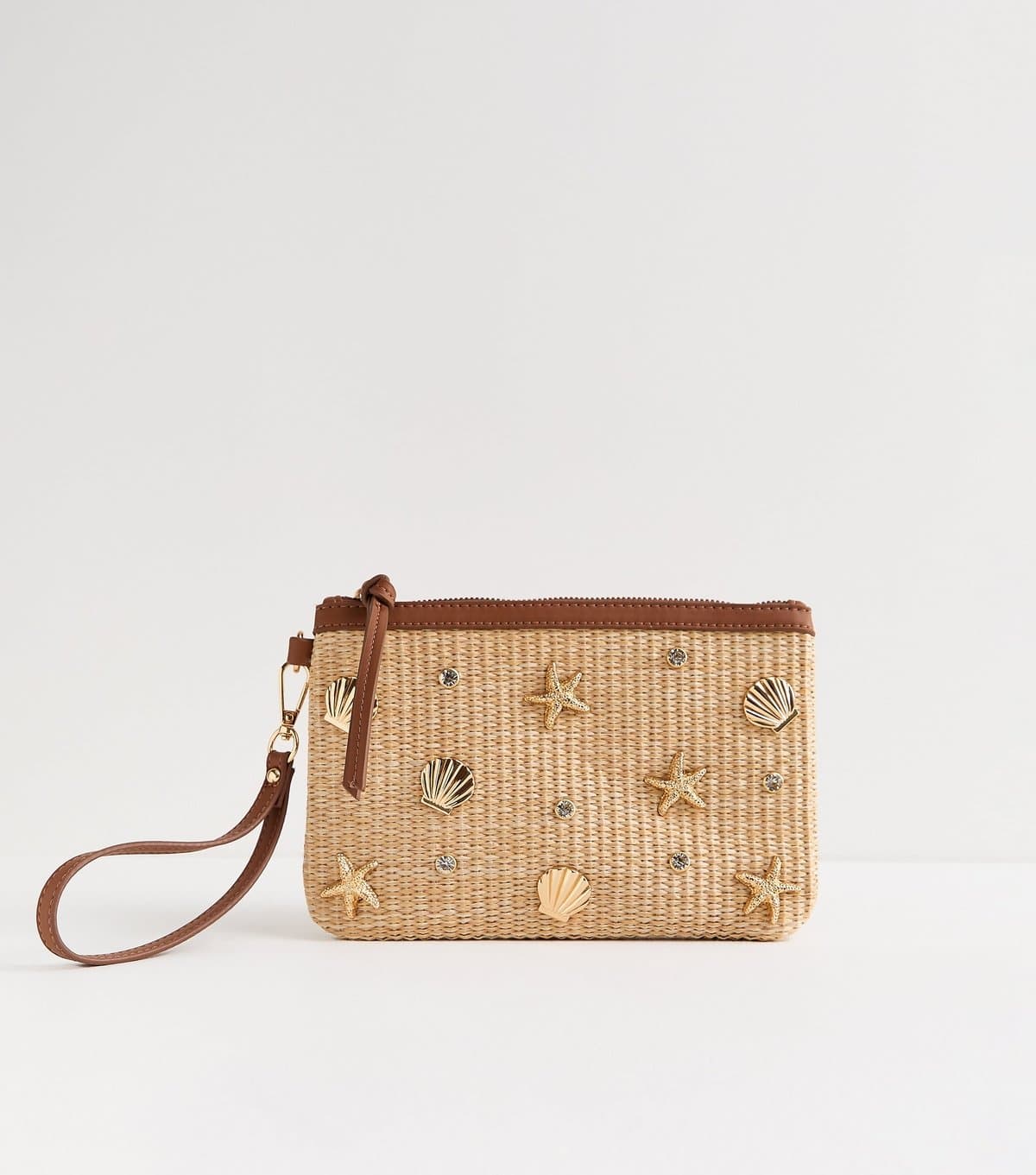New Look Stone Raffia Look Starfish Charm Zipped Pouch New Look