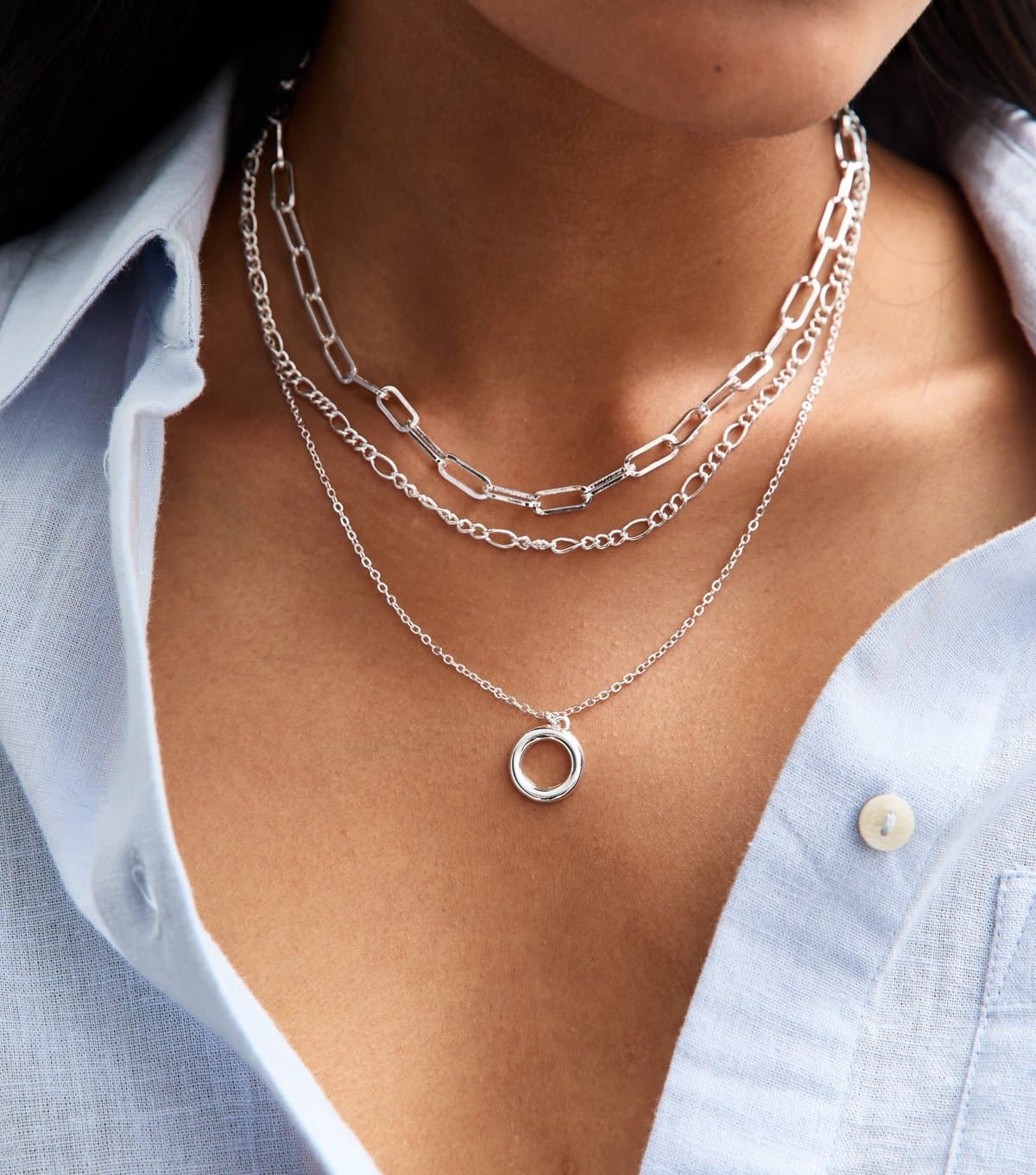 New Look Silver-Tone Multi Layer Chain Circle Pendant Necklace New Look