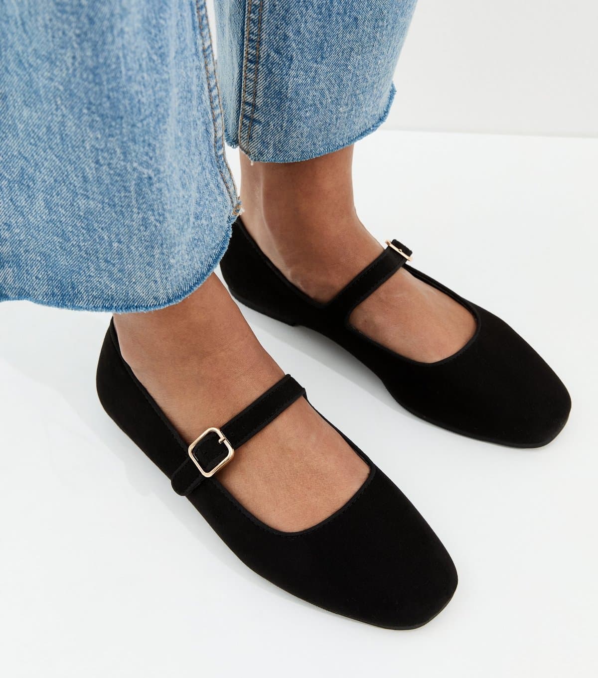 New Look Women's Black Faux Suede Mary Jane Ballet Flats Vegan New Look