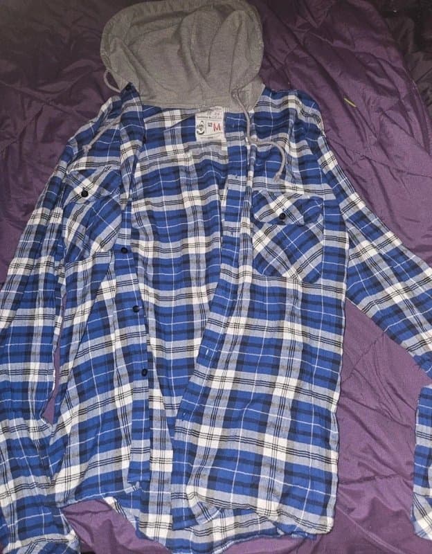 New Look Men's size medium new look hooded check plaid shirt in blue and white with grey hood