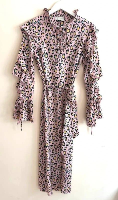 Never Fully Dressed Never Fully Dressed Pink Leopard Print Ruffle Sleeve Midi Dress – Size S – Statement Animal Print