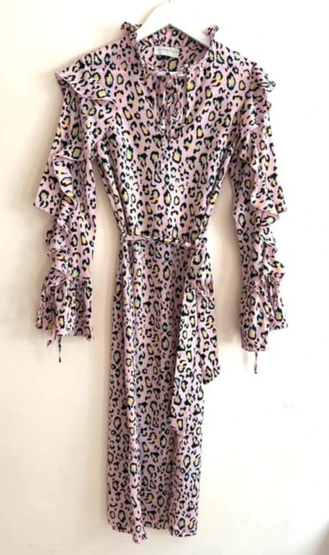 Never Fully Dressed Never Fully Dressed Pink Leopard Print Ruffle Sleeve Midi Dress – Size S – Statement Animal Print - 1