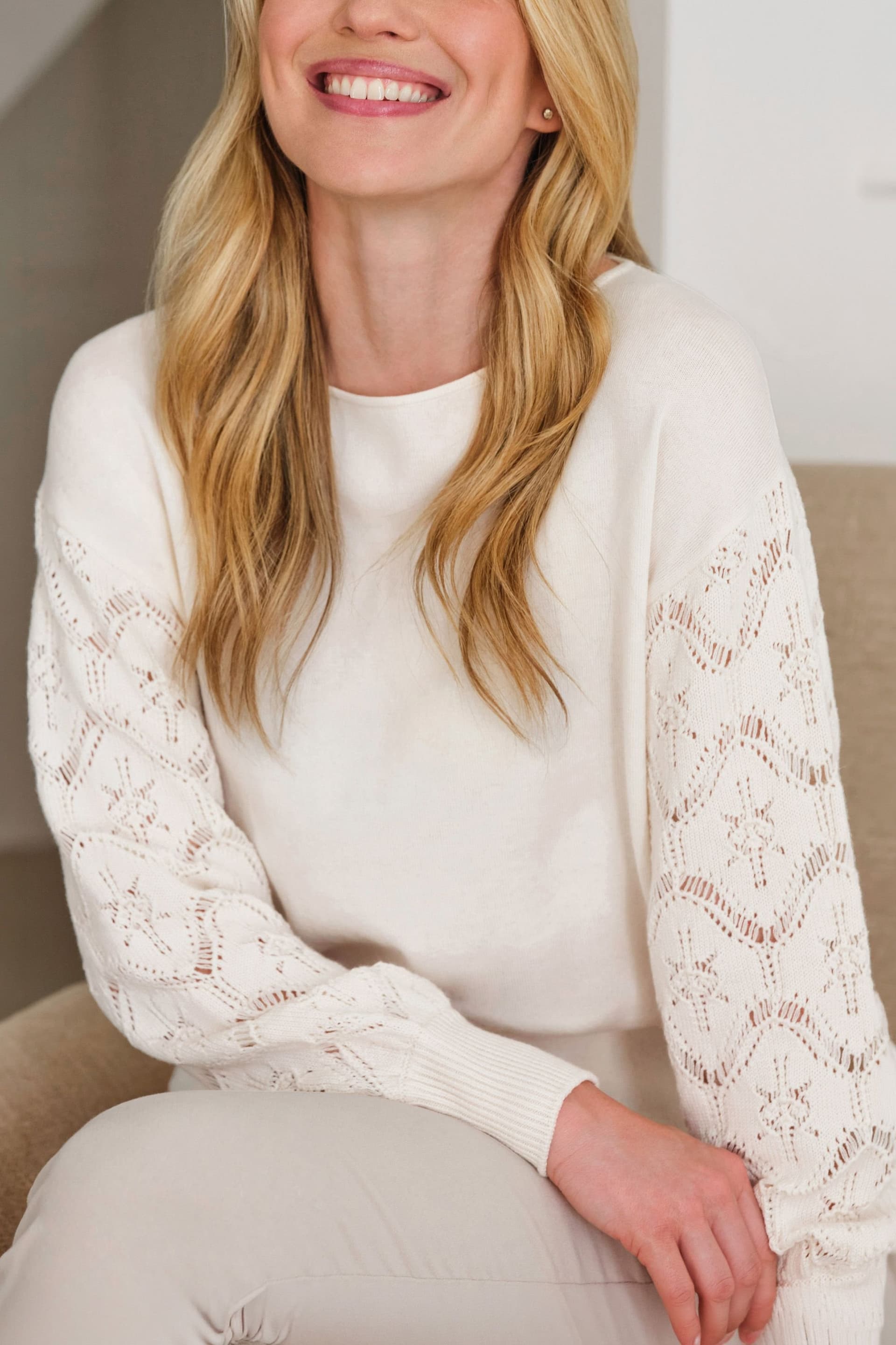 Pure Collection Pure Collection Women's Wool Blend Crochet Sleeve Sweater in Soft White