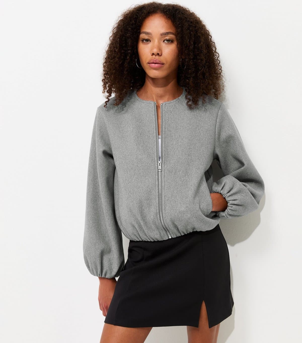 New Look Women's Light Grey Collarless Zip Through Bomber Jacket New Look