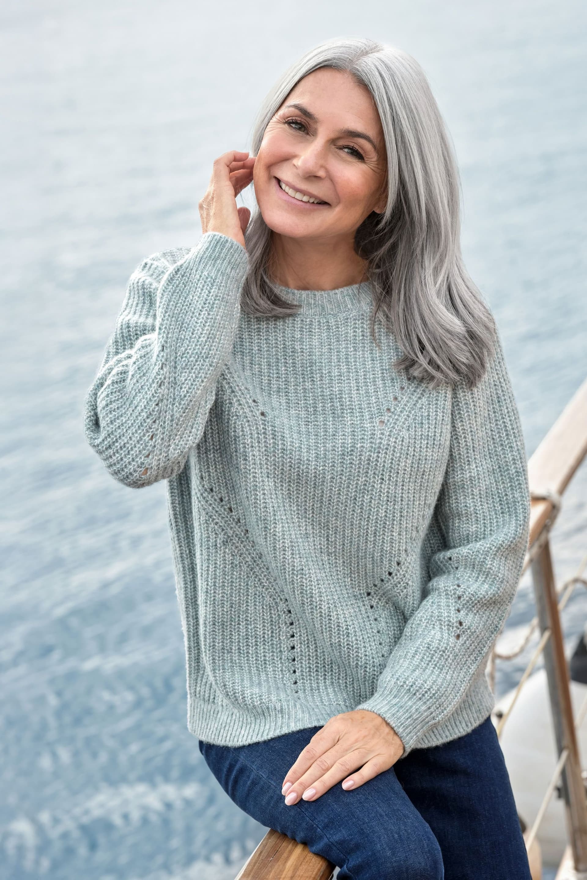 WoolOvers WoolOvers Women's Rib Pointelle Boat Neck Jumper in Green