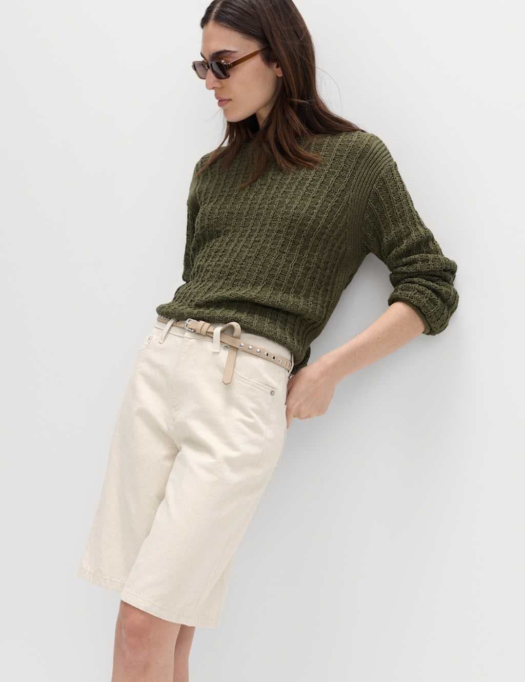 Marks & Spencer M&S Ecru Denim High Waisted Jorts with Linen