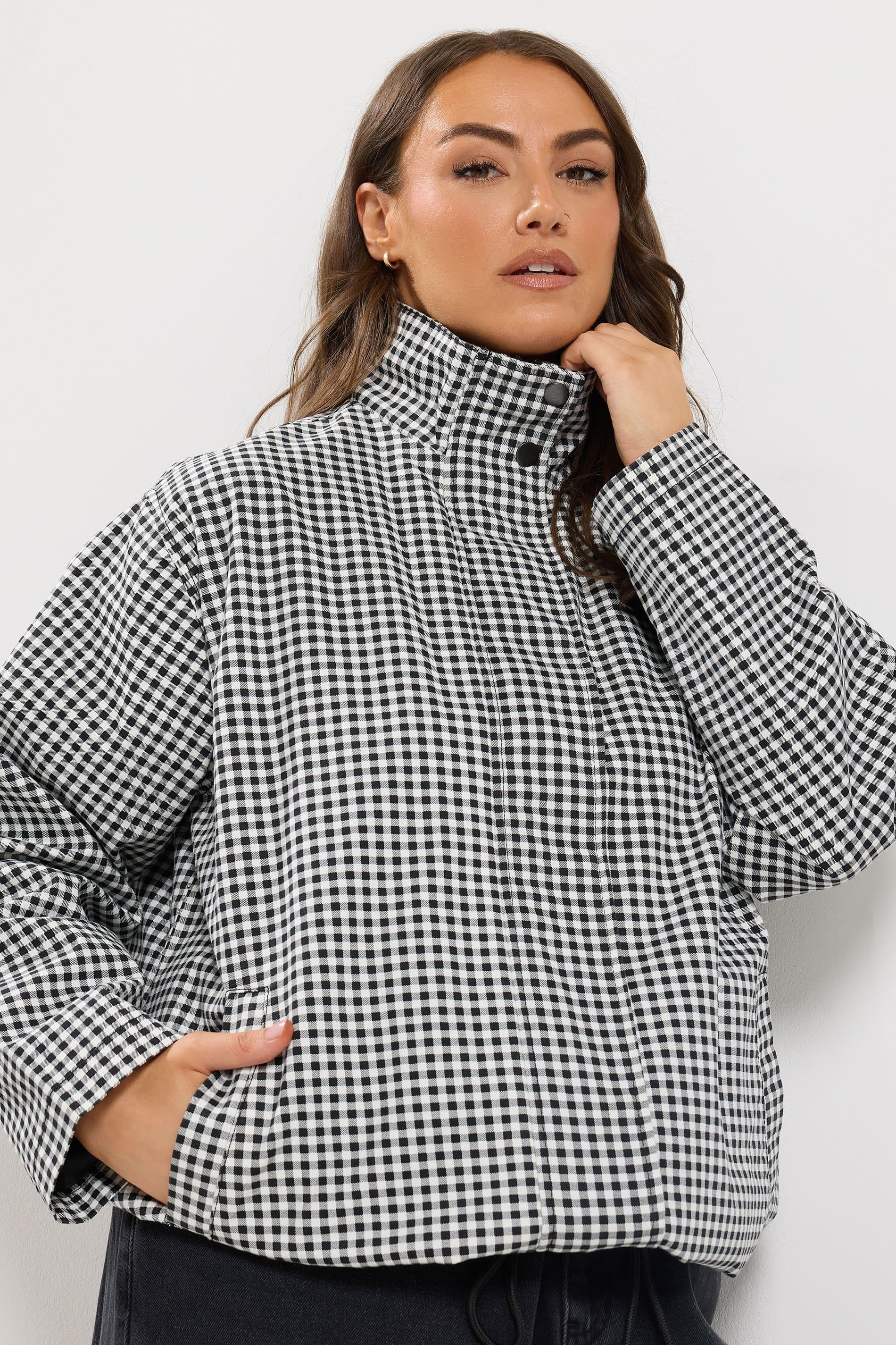 Yours Plus Size Black Monochrome Gingham Funnel Neck Jacket