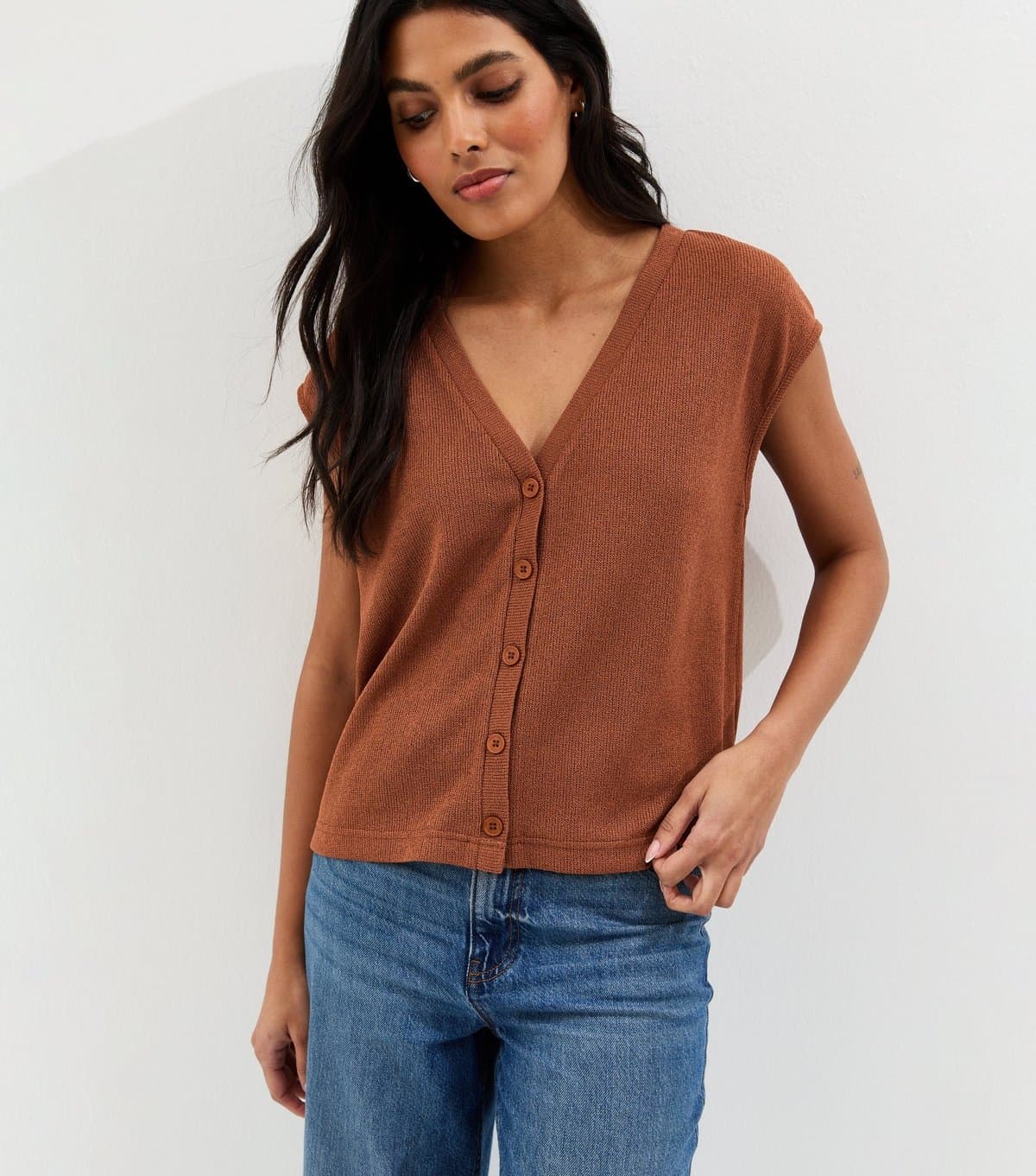 New Look Women's Tan Soft Touch Button Up V-Neck Top New Look