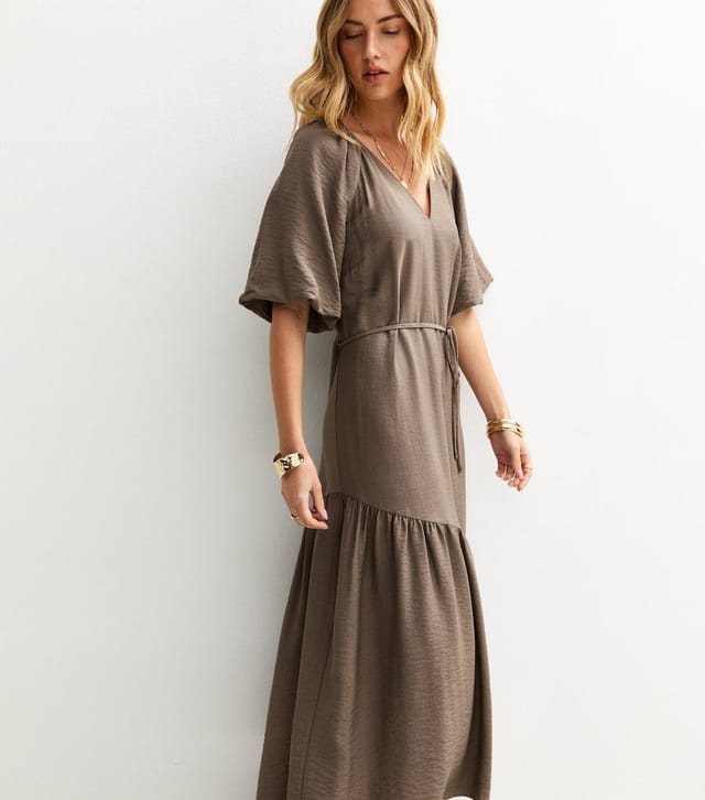 New Look Women's Dark Brown Asymmetrical Puff Sleeve Midi Dress New Look - 3