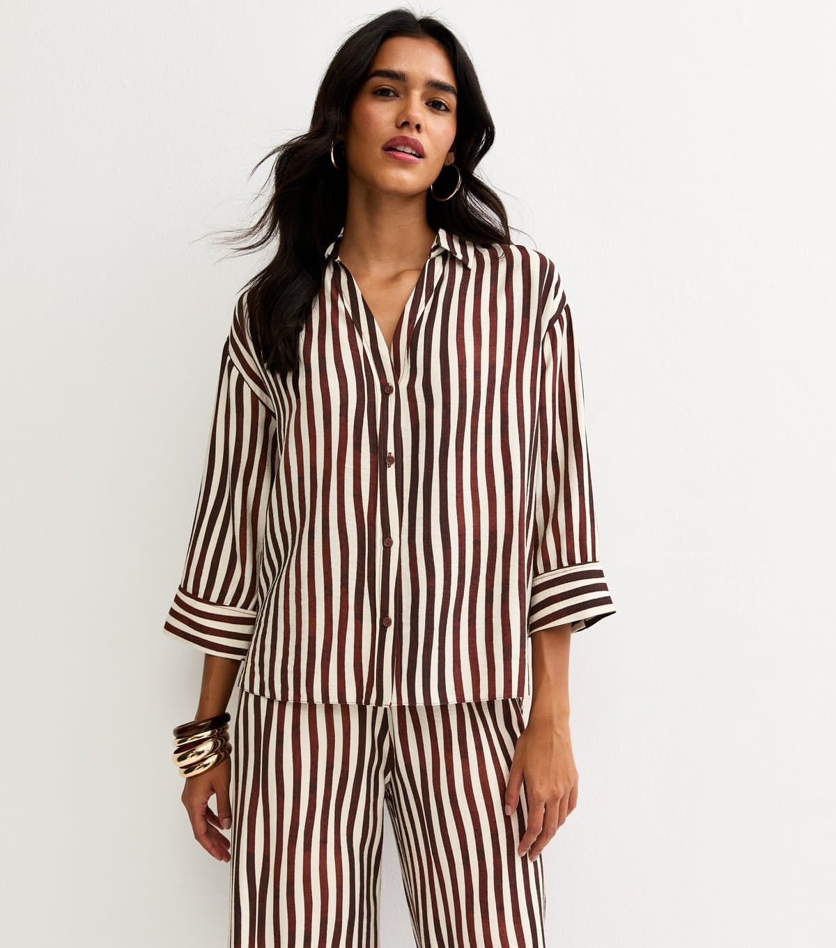 New Look Women's Dark Brown Striped 3/4 Sleeve Shirt New Look
