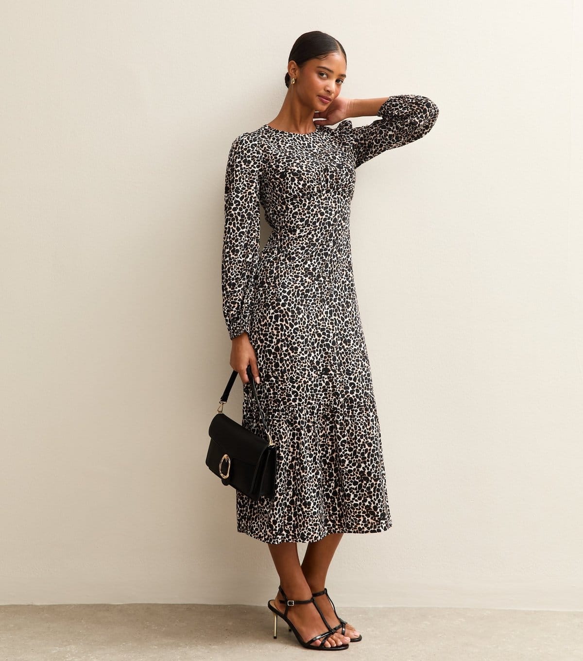 Women's Brown Crepe Long Sleeve Animal Print Midi Dress New Look