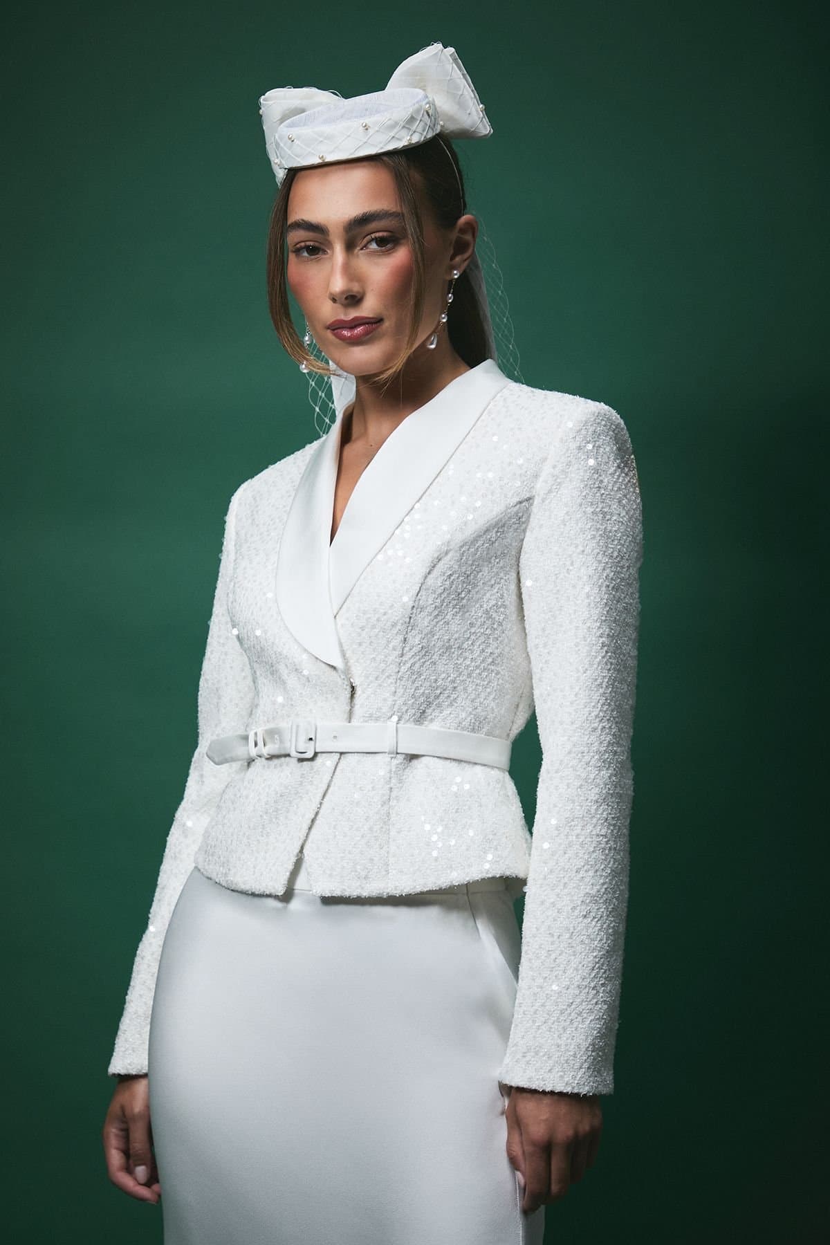 Coast Coast White Boucle Sequin Fitted Jacket With Belt