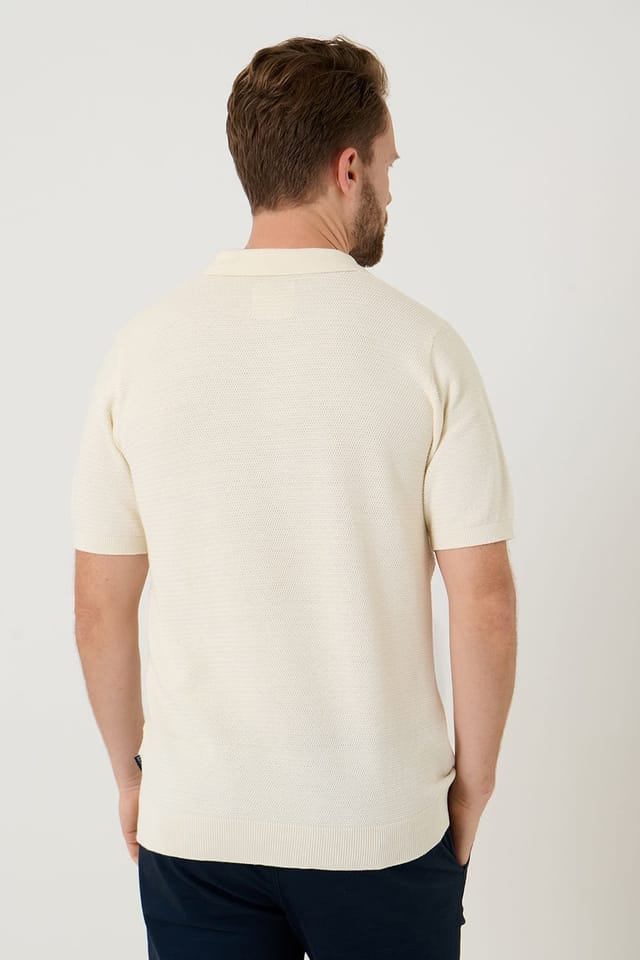 Saltwell Saltwell Men's Textured Knit Short Sleeve Polo Shirt in Ecru - 2