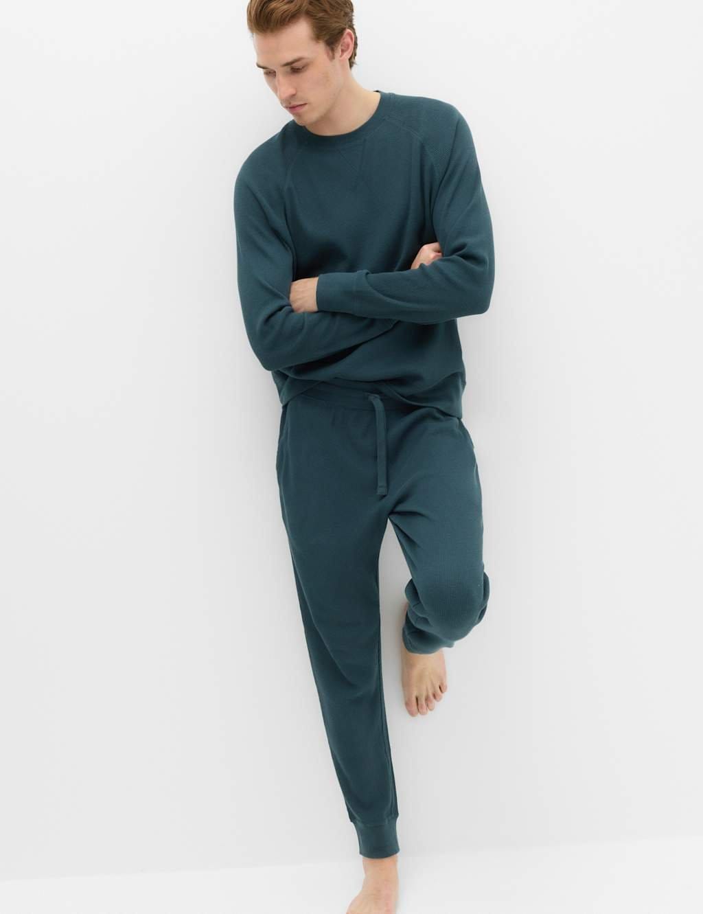 Marks & Spencer M&S Pure Cotton Waffle Loungewear Sweatshirt Dark Kingfisher - 1