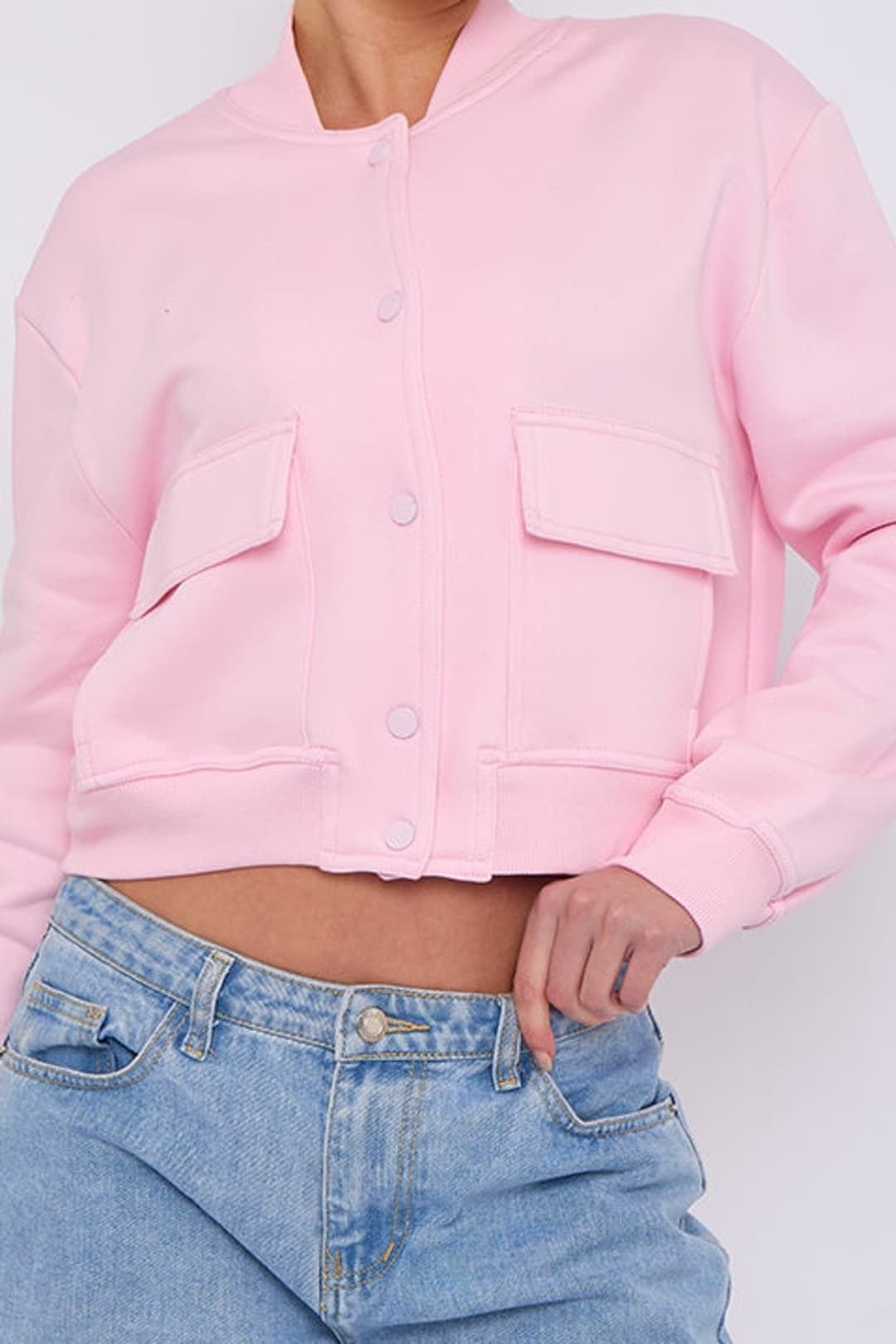 STYLEWISE STYLEWISE Women's Fleeced Bomber Jacket - Cropped Fit - Casual Outerwear in Pink - 4