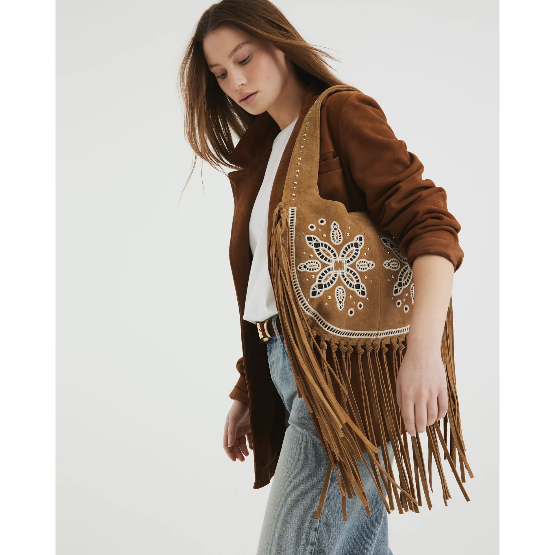 River Island River Island Womens Brown Suede Fringed Broderie Shoulder Bag