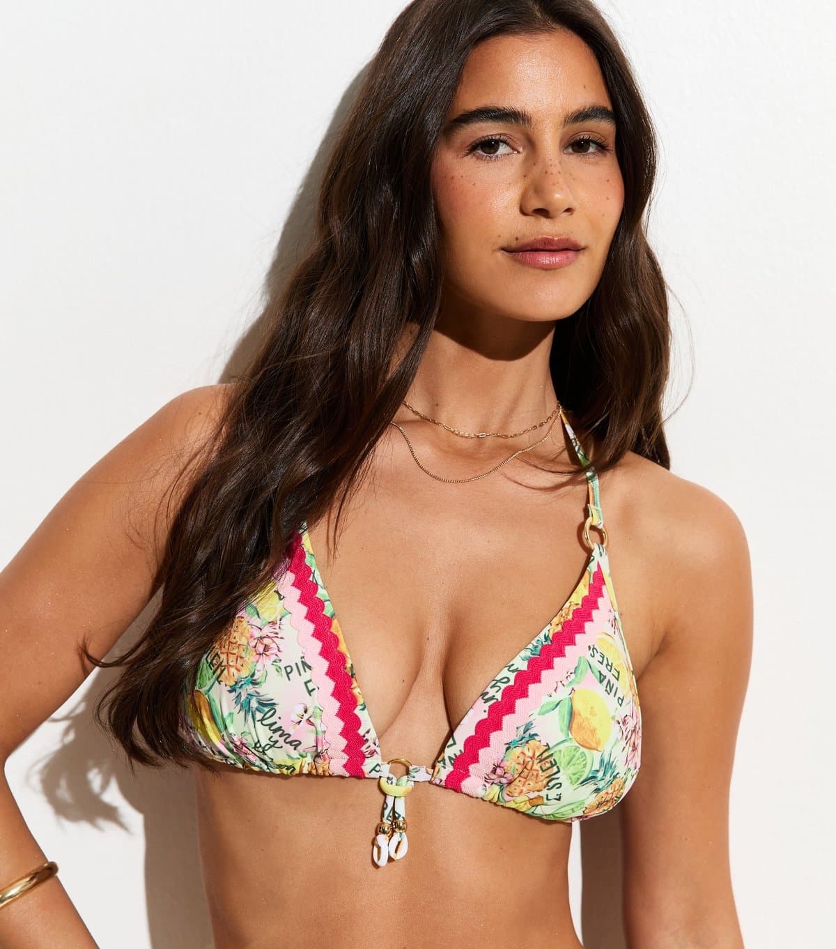 New Look Women's Yellow Tropical Fruit Triangle Bikini Top New Look