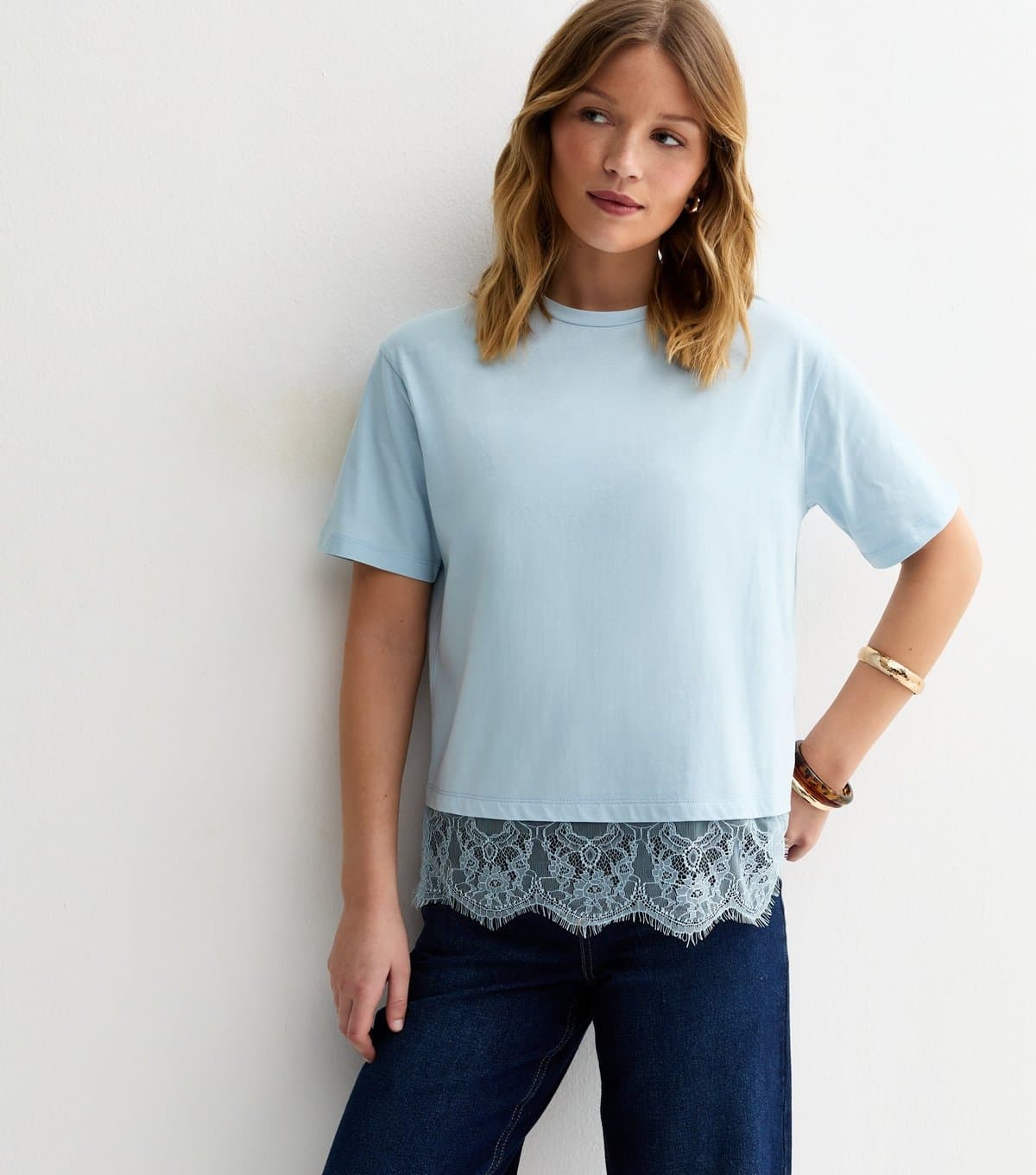New Look Women's Light Blue Lace Hem Boxy T-Shirt New Look