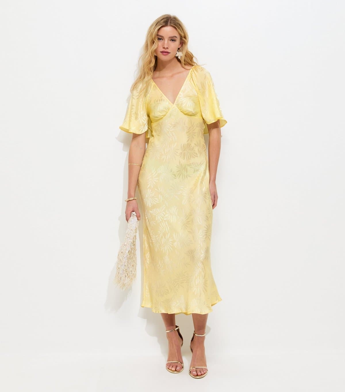 New Look Women's Light Yellow Palm Leaf Jacquard Flutter Sleeve Midi Dress New Look