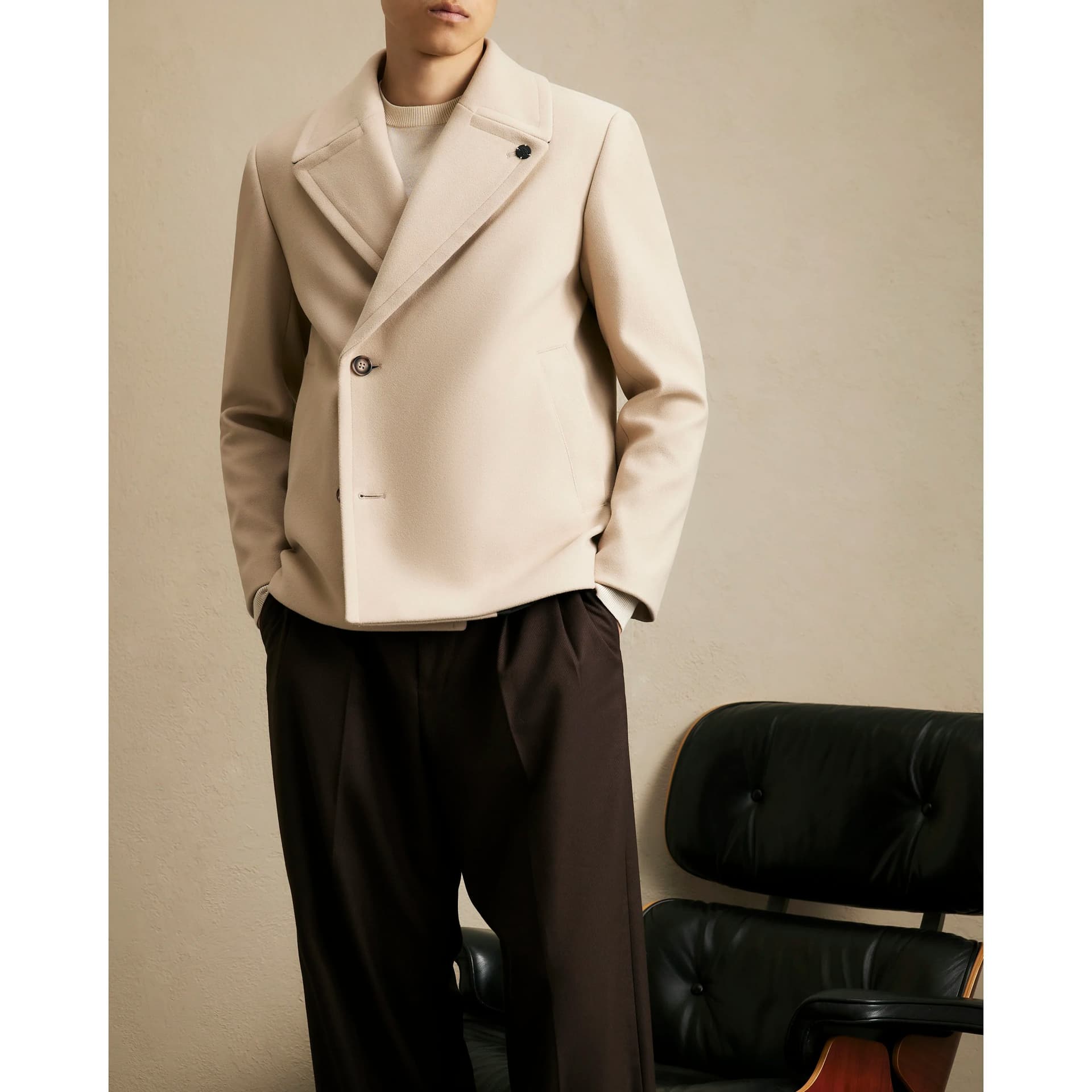 River Island Mens River Island Beige Single Breasted Peacoat