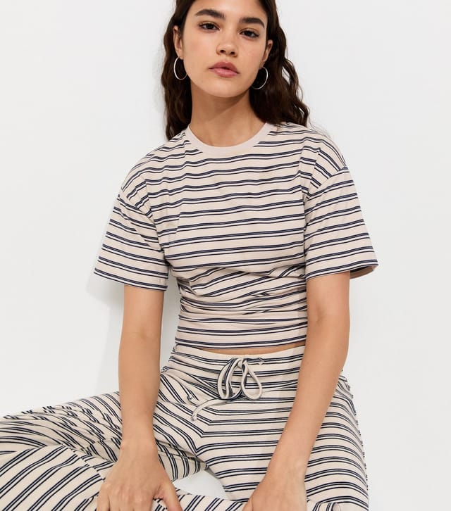 New Look Women's Blue Cotton Striped Corset Waist T-Shirt New Look - 3
