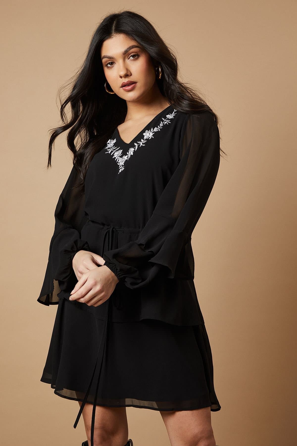 Oasis Oasis Women's Embroidered Ruffle Tier Mini Dress in Black