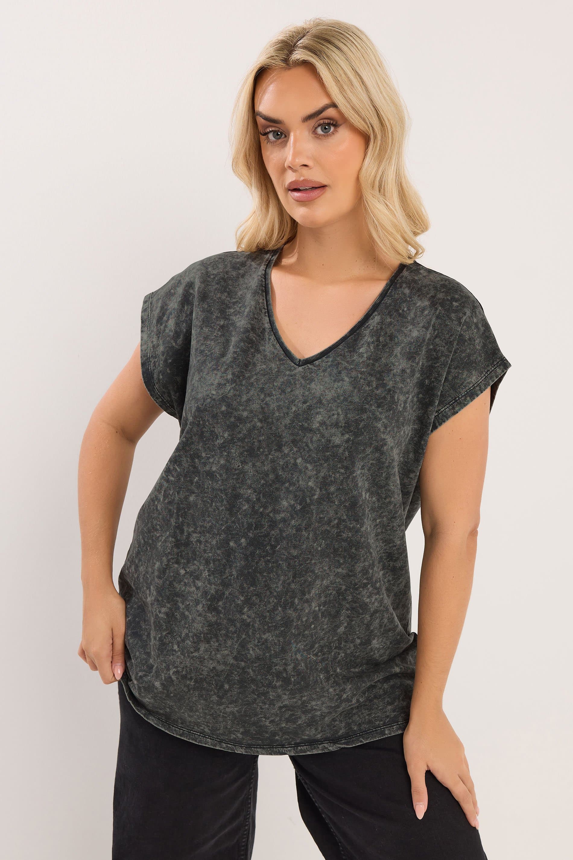 Yours Plus Size Grey Acid Wash Heavyweight Top