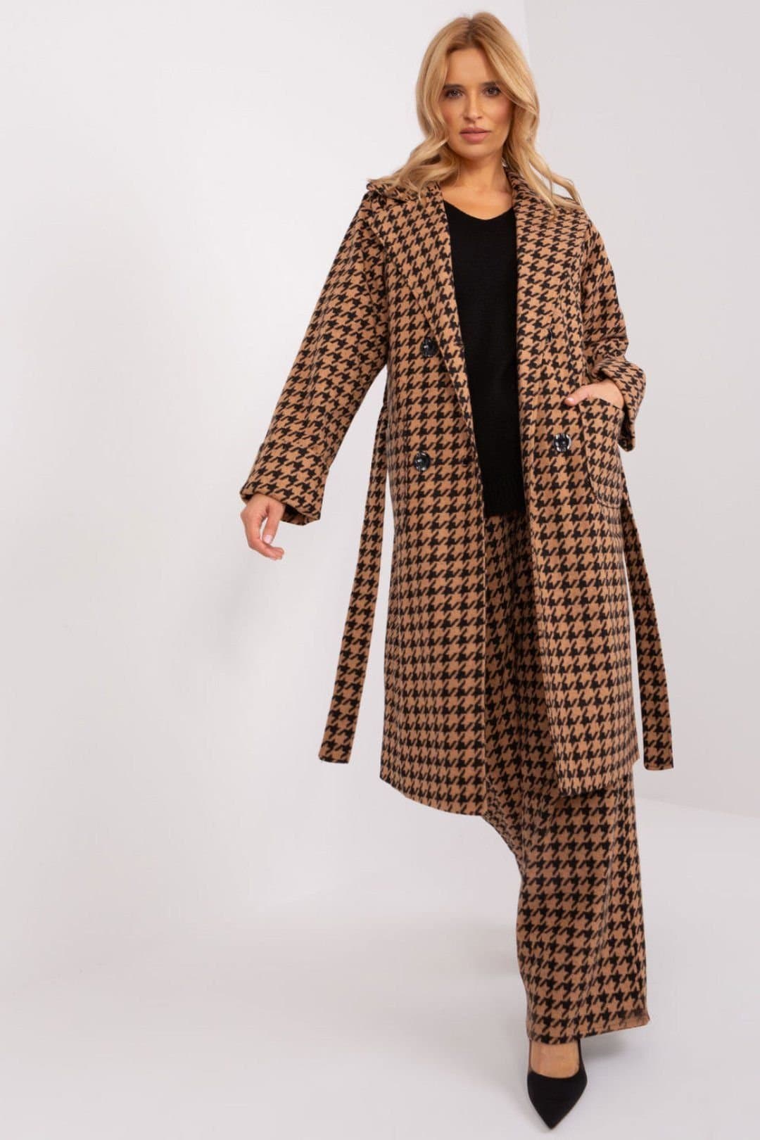 Love Lace Love Lace Women's Elegant Pepite Pattern Over Knee Coat in Brown