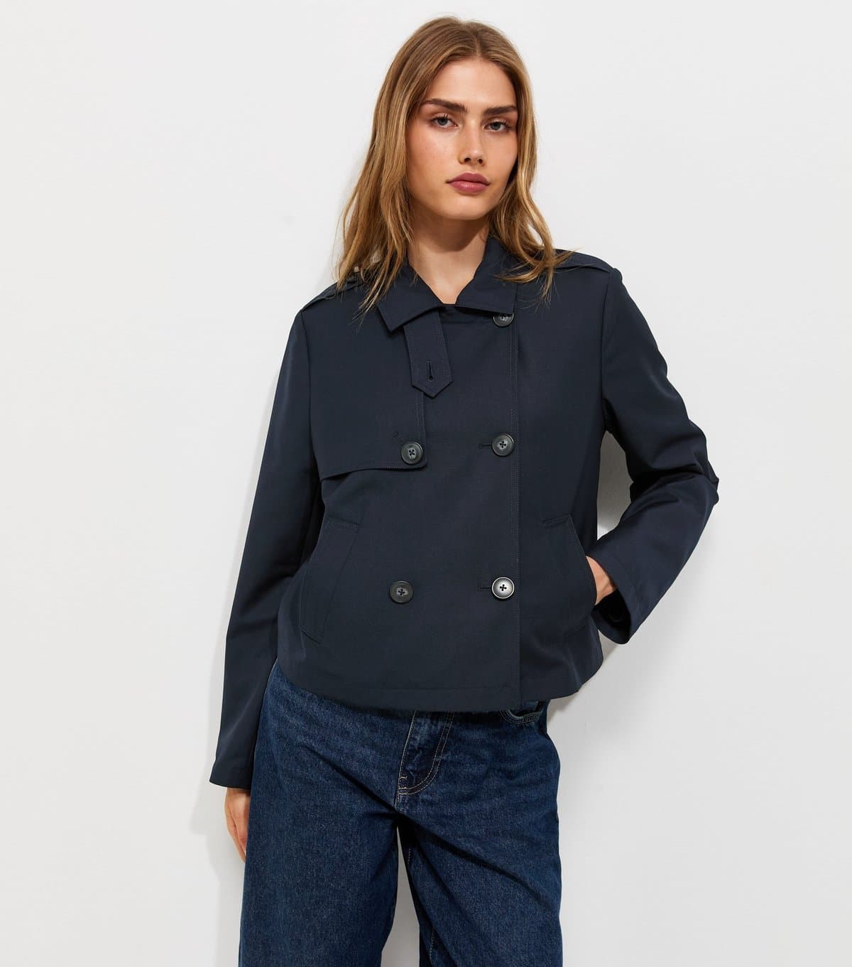 New Look Women's Navy Double Breasted Cropped Trench Jacket New Look