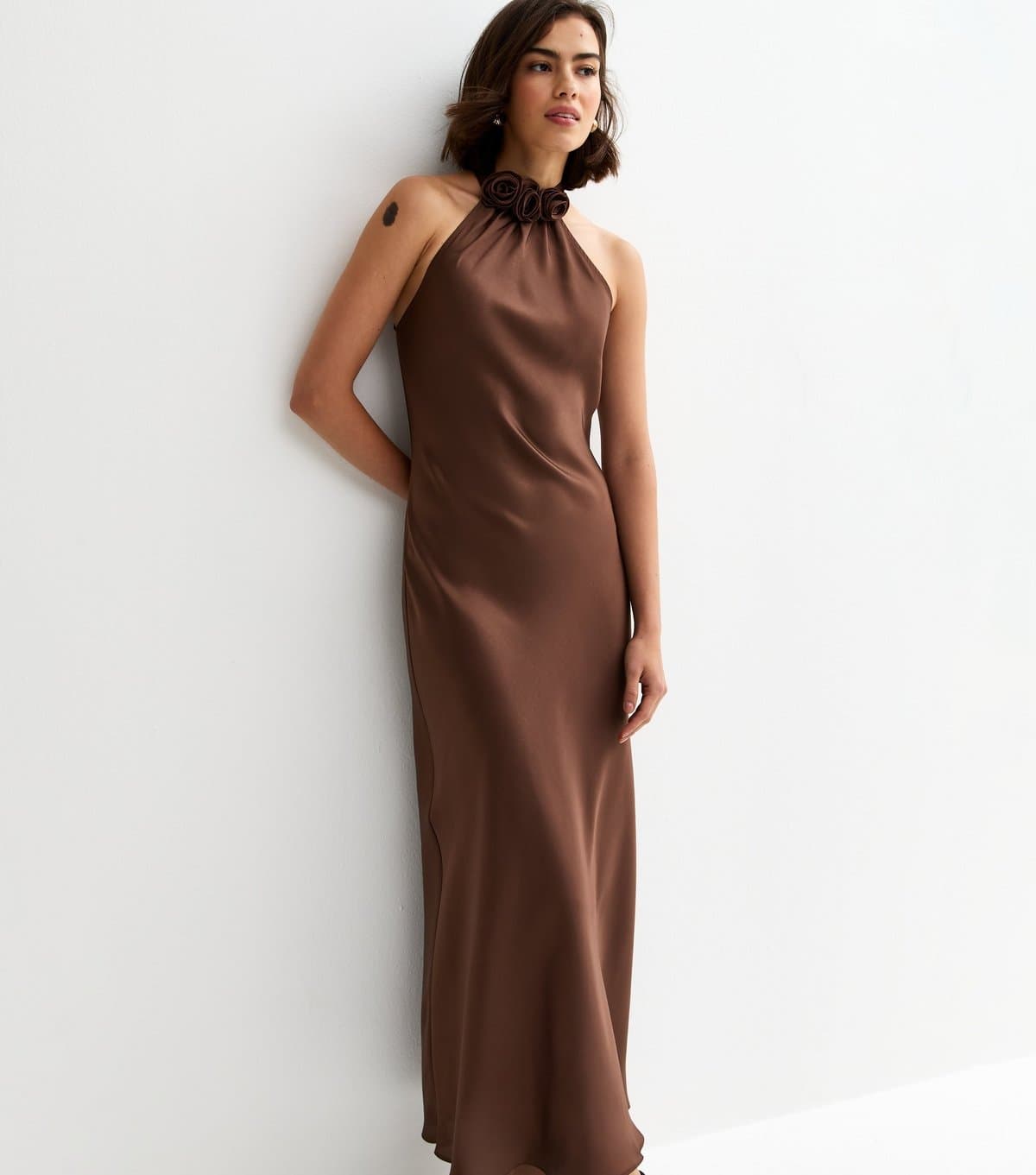 New Look Women's Brown Satin Floral Applique Halterneck Midi Dress New Look
