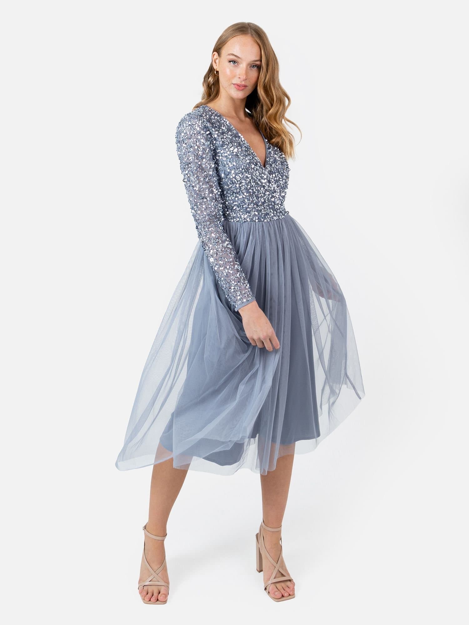 Maya Deluxe Maya Deluxe Women's Faux Wrap Embellished Long Sleeve Midi Dress in Blue