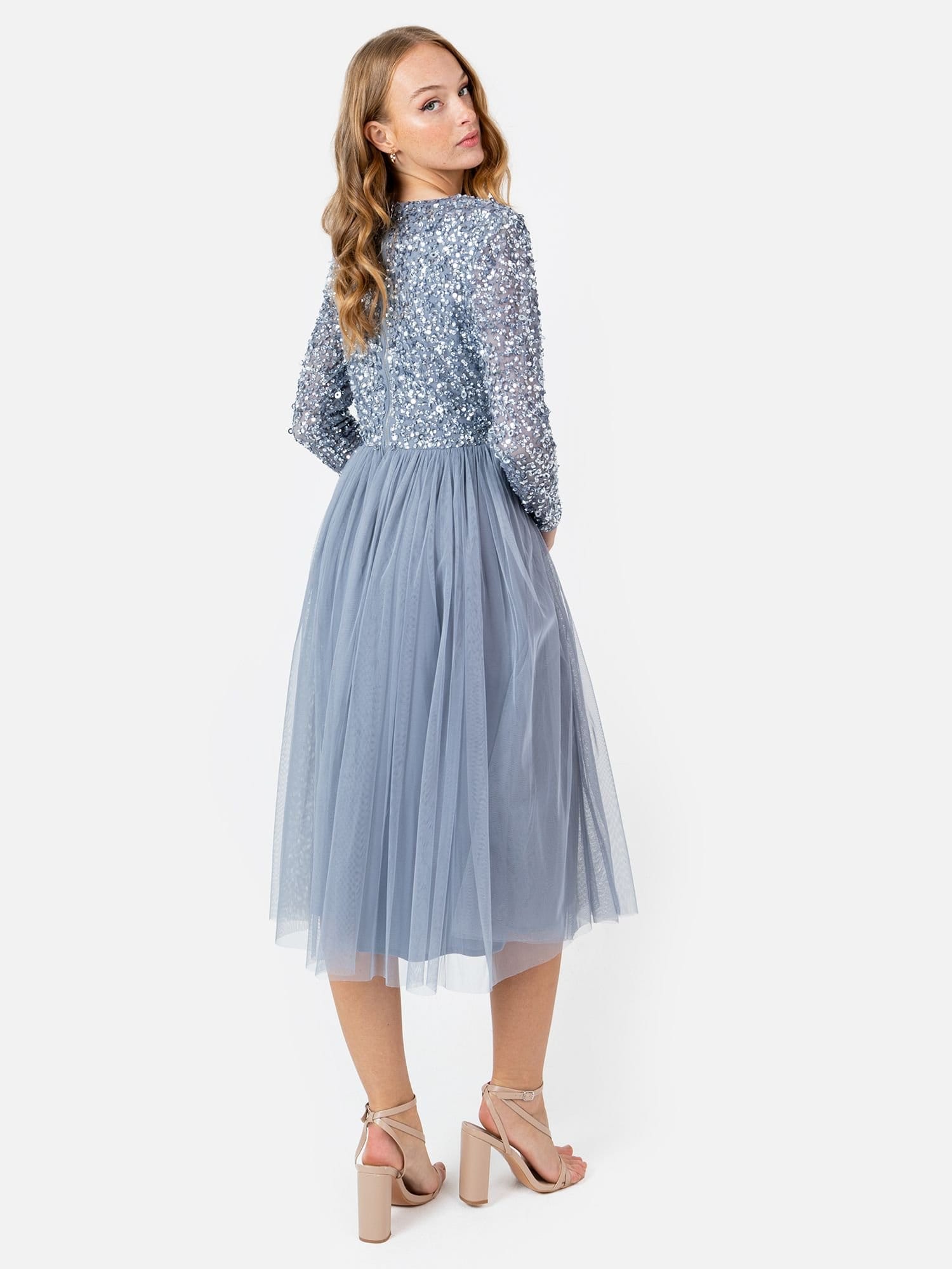 Maya Deluxe Maya Deluxe Women's Faux Wrap Embellished Long Sleeve Midi Dress in Blue - 4