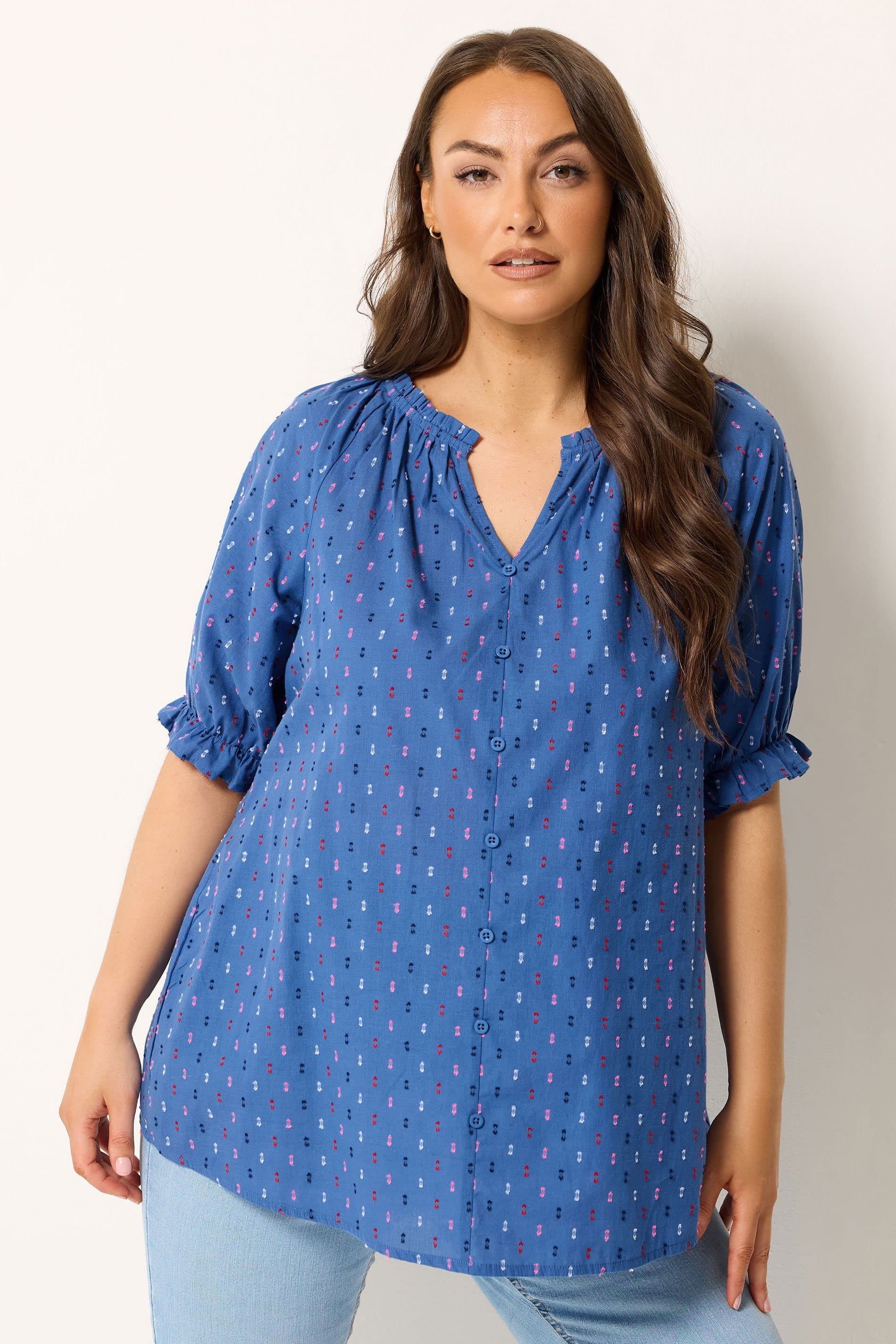 Yours Plus Size Blue Dobby Frill Neck Top