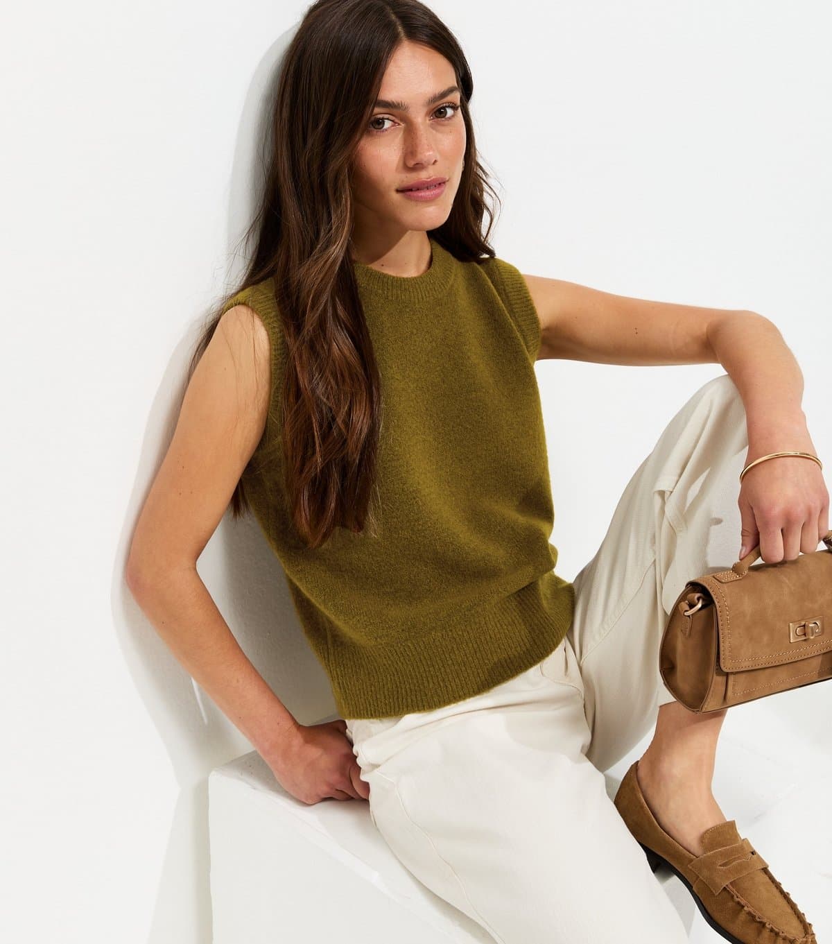 New Look Women's Petite Light Khaki Midweight Knitted Sleeveless Top New Look