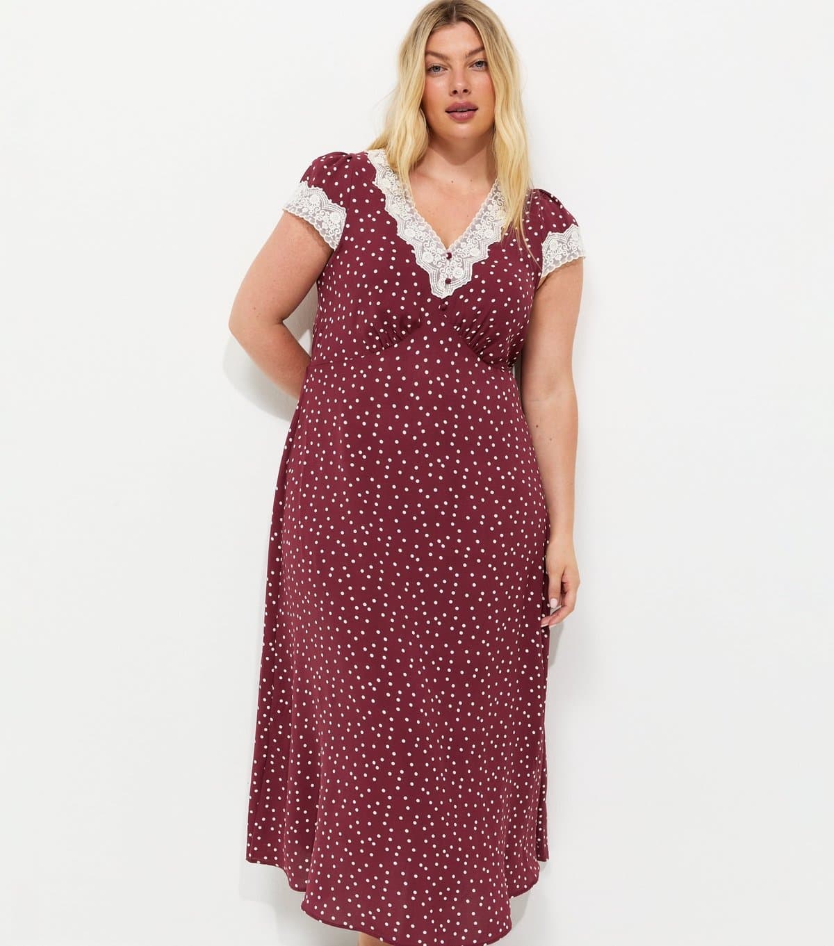 New Look Women's Plus Size Red Spot Print Lace Trim Midi Dress Curves New Look