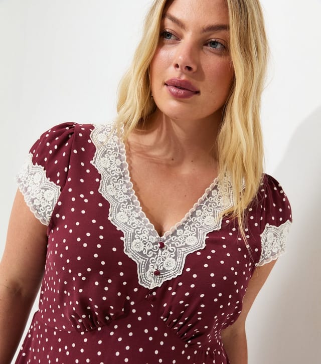 New Look Women's Plus Size Red Spot Print Lace Trim Midi Dress Curves New Look - 2