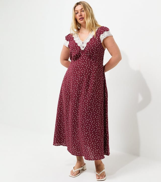 New Look Women's Plus Size Red Spot Print Lace Trim Midi Dress Curves New Look - 3