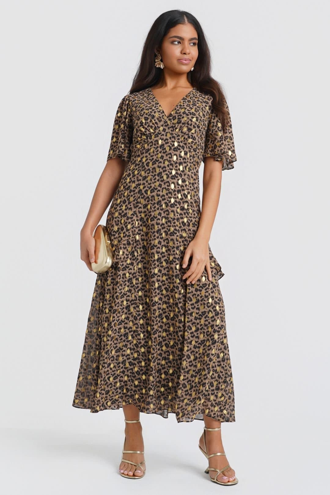 Needs No Label Needs No Label Women's Ruffle Animal Foil Midi Dress in Brown