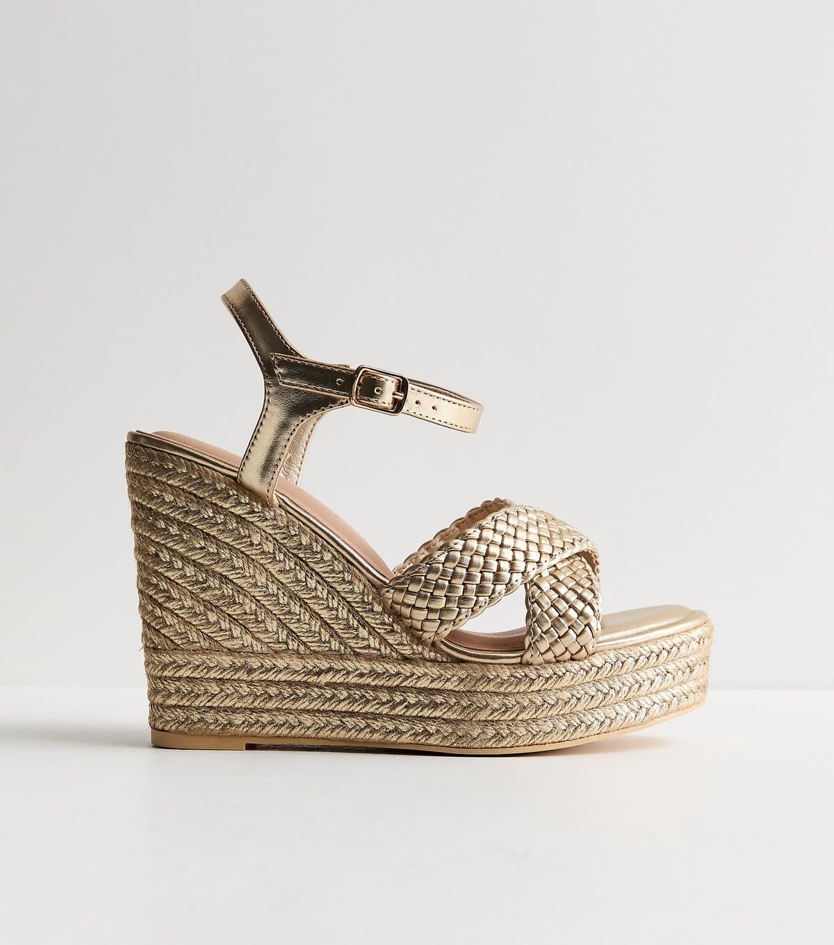 New Look Women's Wide Fit Gold Faux Leather Braided Wedge Sandals Vegan New Look