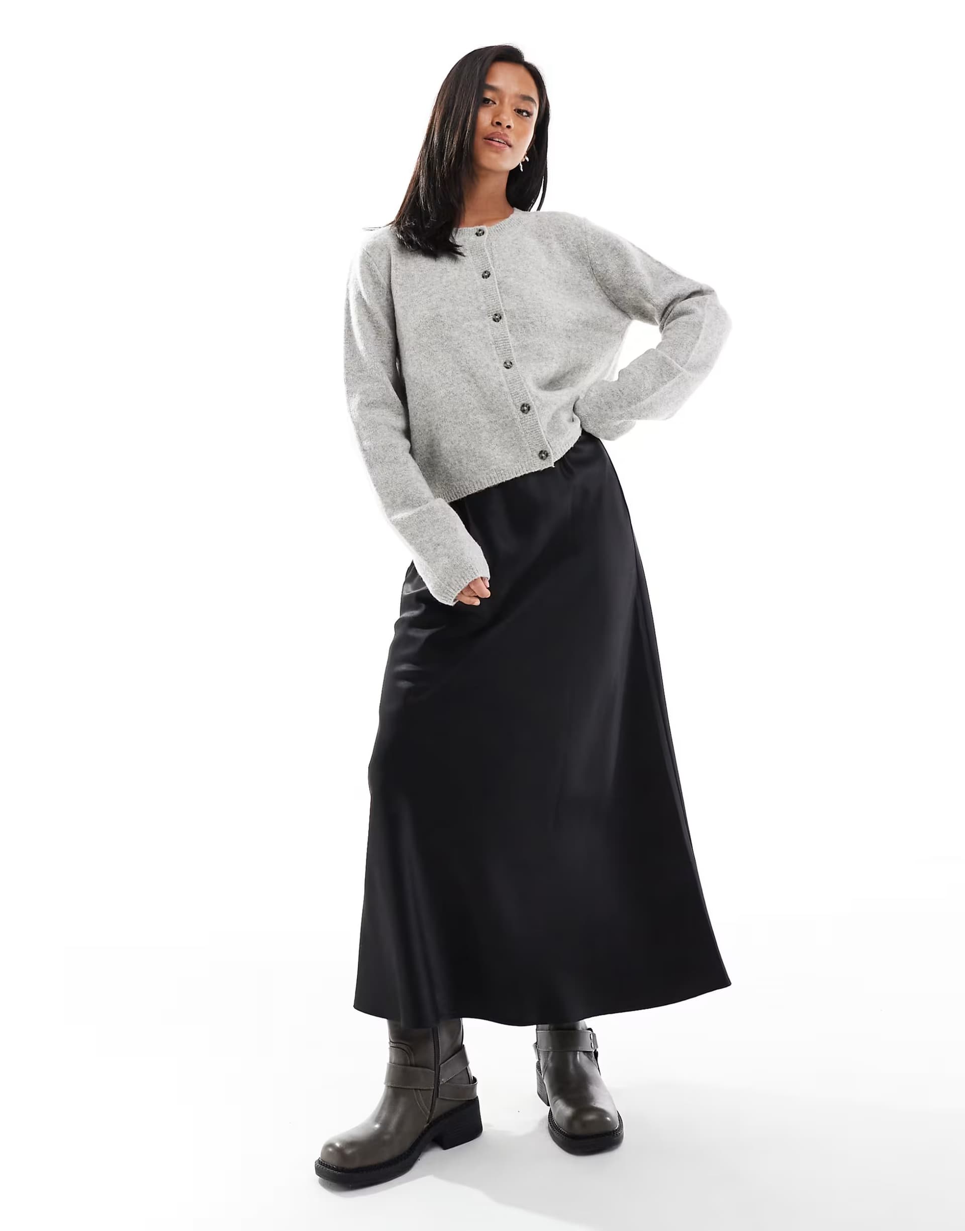 ASOS Vero Moda Petite satin bias midi skirt in black