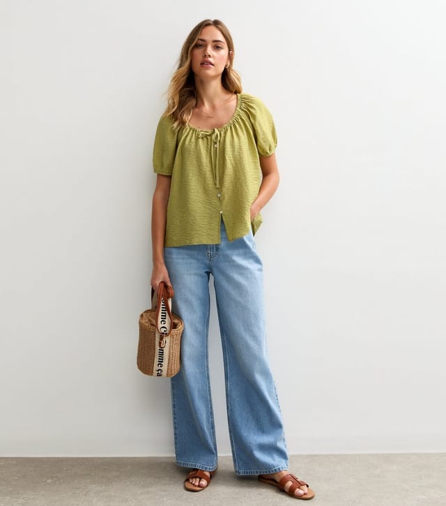 New Look Women's Green Crinkle Buttoned Top New Look - 3