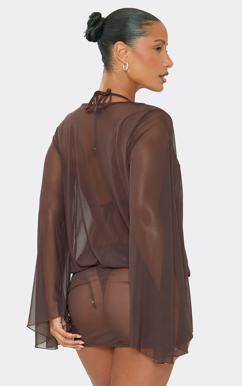 EGO Cowl Front Lace Trim Beach Mini Dress In Chocolate Brown, Women's Size UK 8 - 1