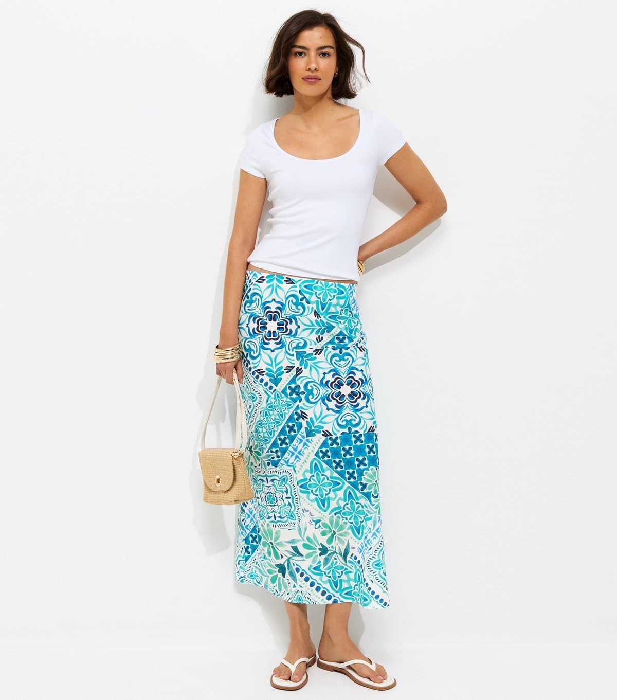New Look Women's Blue Tile Print Bias Cut Midi Skirt New Look