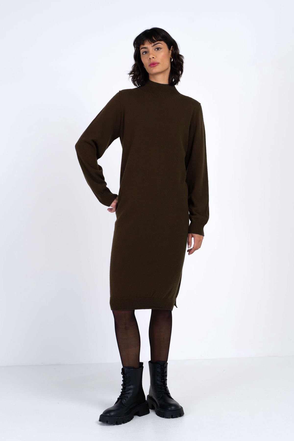 Kettlewell Kettlewell Women's Turtle Neck Knitted Dress in Dark Brown