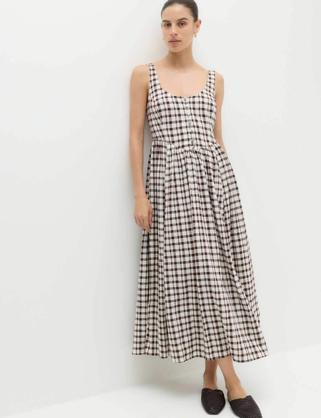 Marks & Spencer M&S Linen Rich Printed Scoop Neck Corset Dress Brown Mix