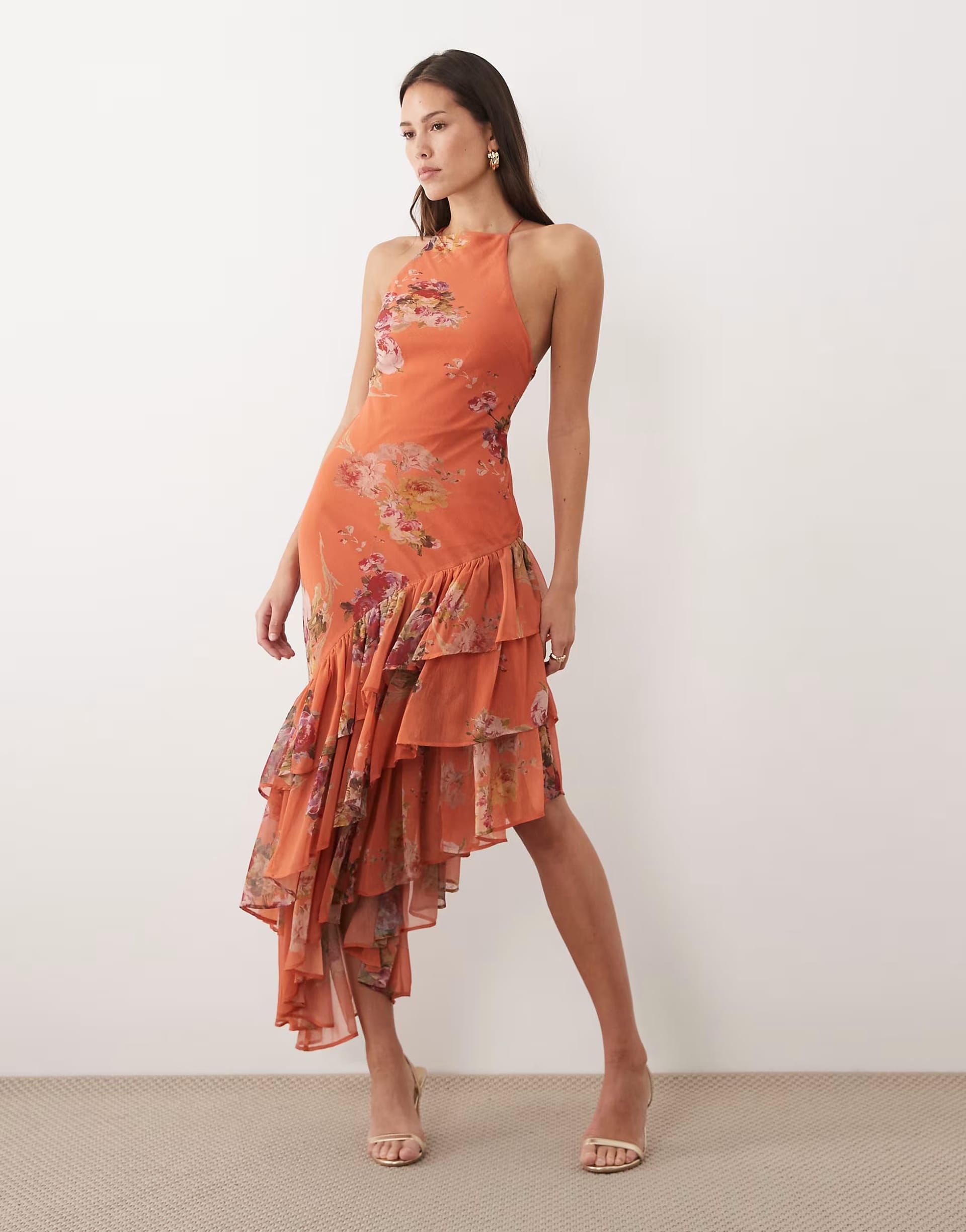 ASOS DESIGN Orange Floral Print Cami Ruffle Hem Maxi Dress