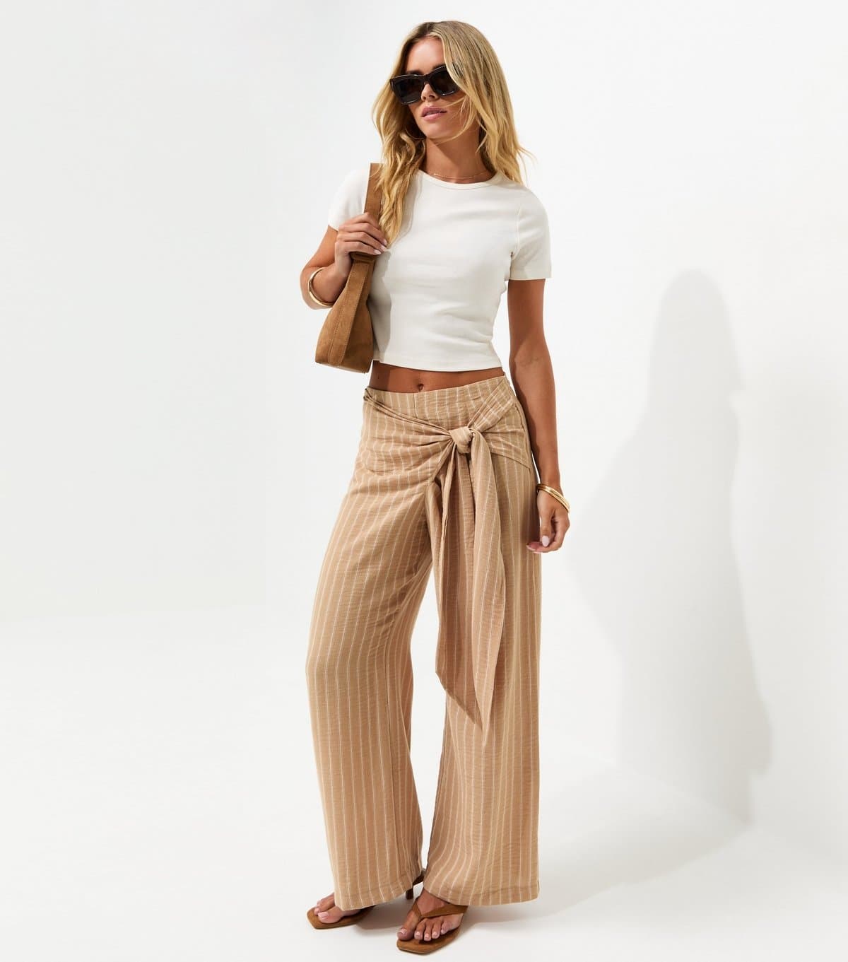 New Look Women's Petite Camel Woven Striped Wrap Waist Wide Leg Trousers New Look