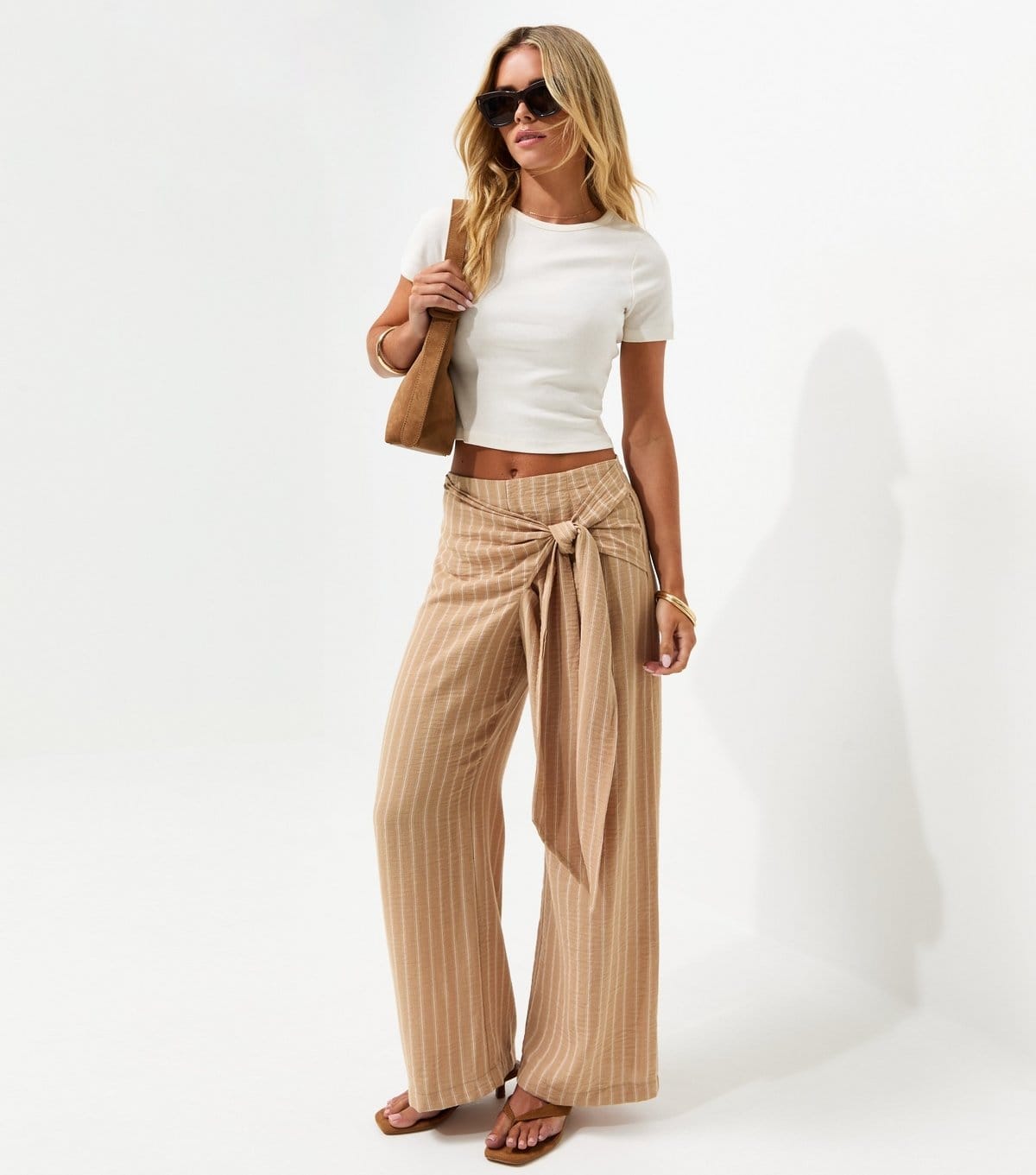 New Look Petite Camel Woven Striped Wrap Waist Wide Leg Trousers