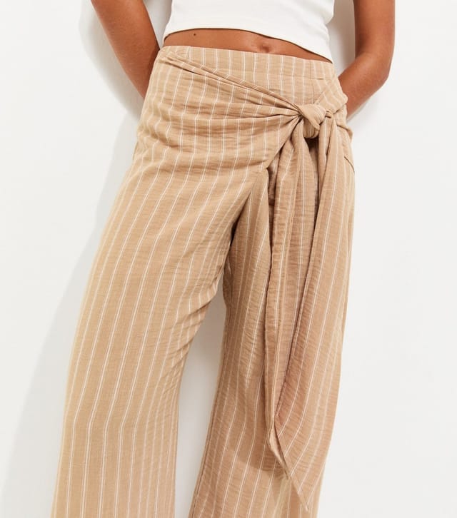 New Look Women's Petite Camel Woven Striped Wrap Waist Wide Leg Trousers New Look - 2
